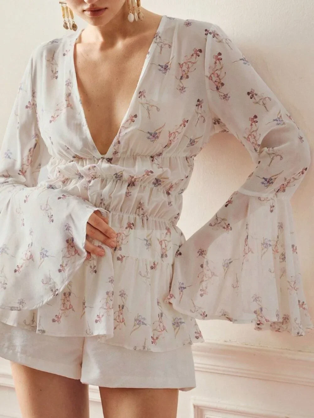 Multicolor Boho Women's Deep V Neck Layered Ruffle Hem Bell Sleeve Peplum Blouse